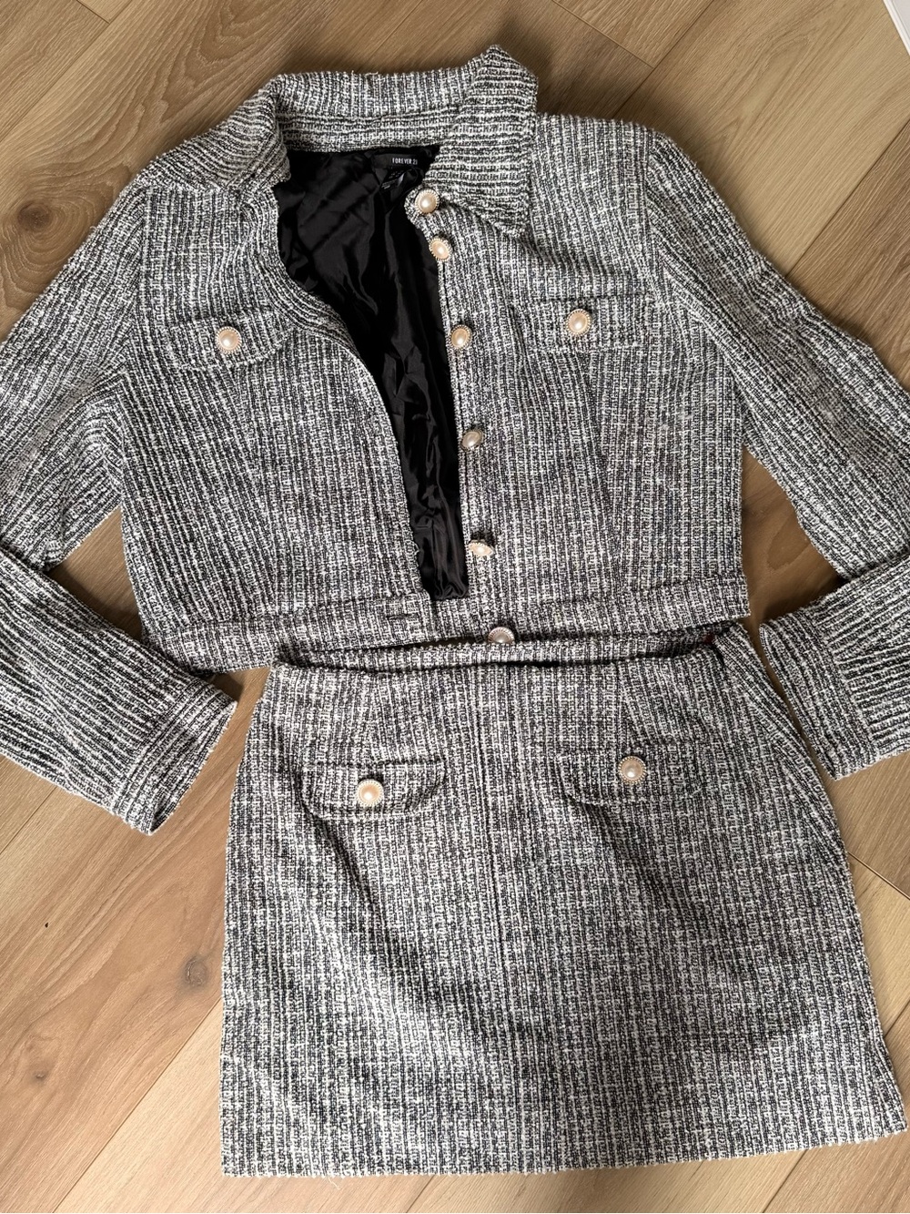 Forever 21Cropped Tweed Jacket and Skirt Set - Gray